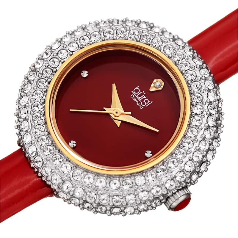 Burgi Ladies Diamond Swarovski Crystal Luxury Red Leather Strap Watch