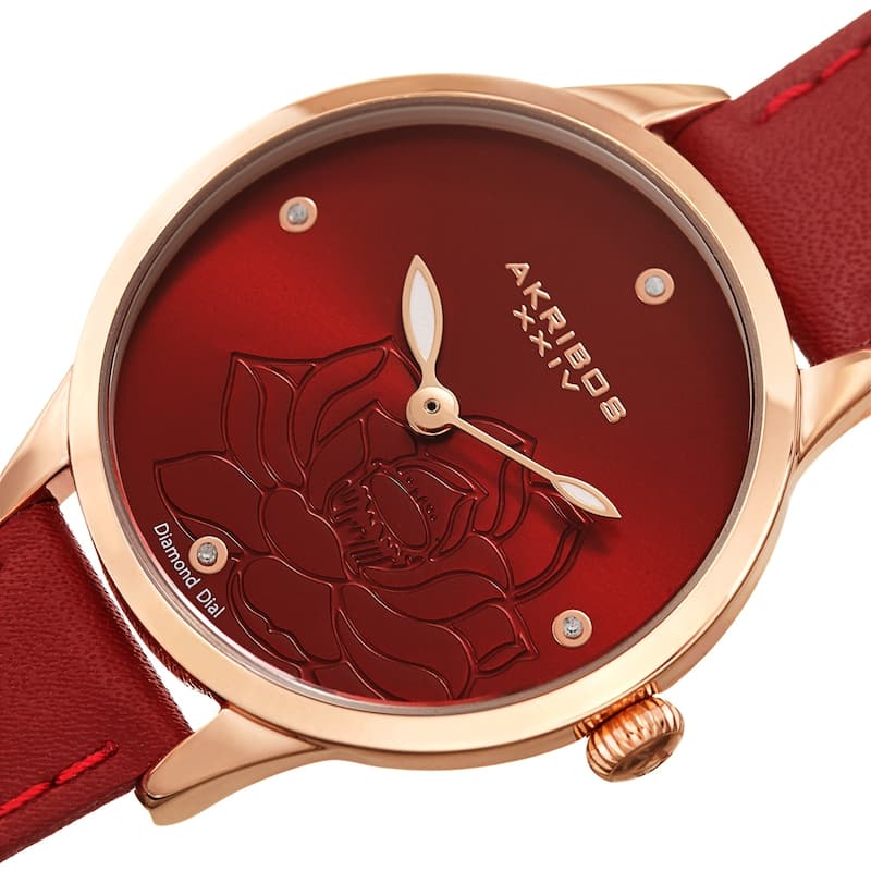 Akribos XXIV Ladies Diamond Floral Red Leather Strap Watch
