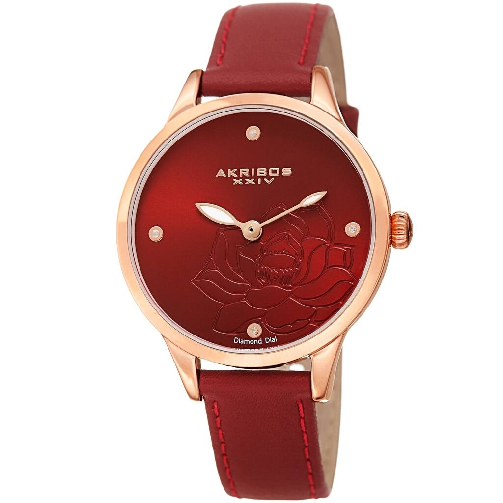 Akribos XXIV Ladies Diamond Floral Red Leather Strap Watch