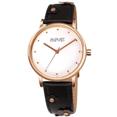 August Steiner Ladies Floral Stud Black Leather Strap Watch
