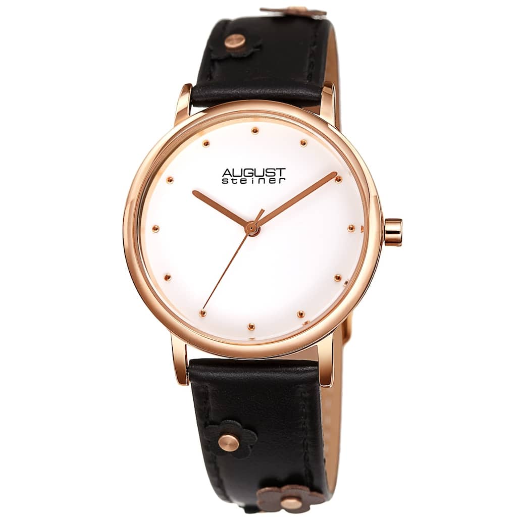 August Steiner Ladies Floral Stud Black Leather Strap Watch
