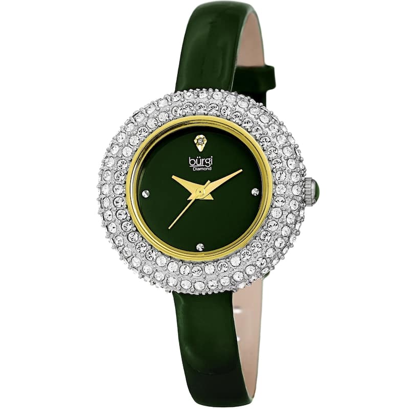 Burgi Ladies Diamond Swarovski Crystal Luxury Leather Strap Watch Gifts for Her - Grass Green