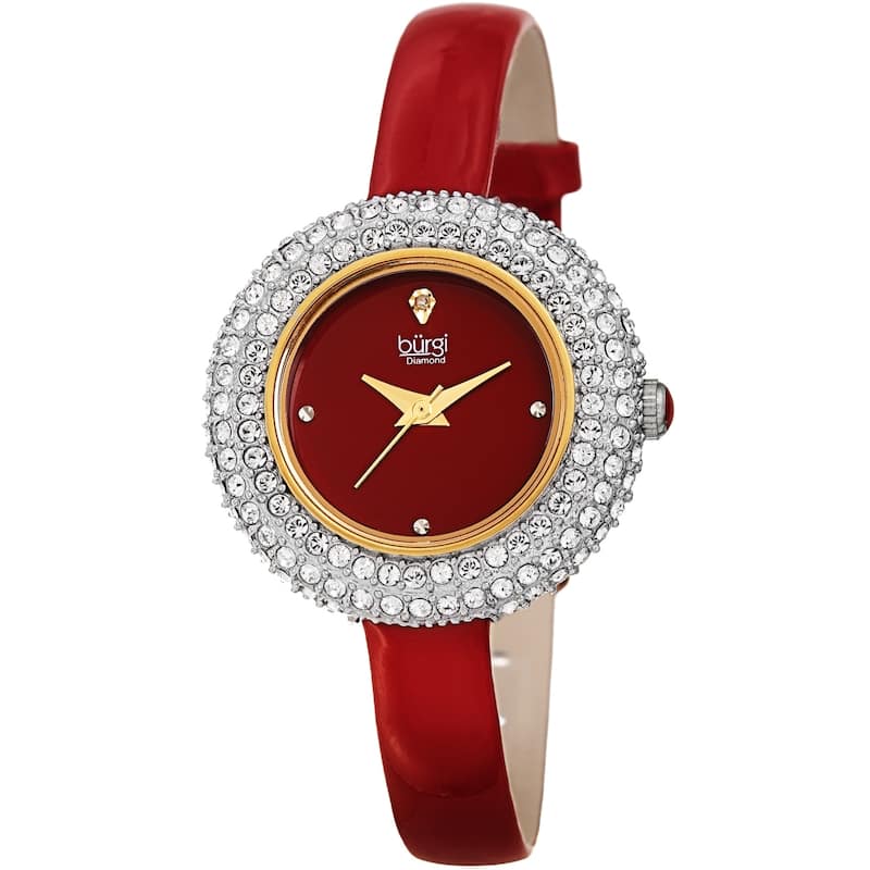 Burgi Ladies Diamond Swarovski Crystal Luxury Leather Strap Watch Gifts for Her - Ruby Red