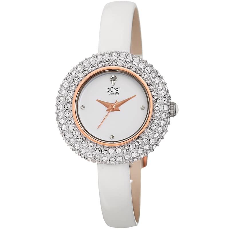 Burgi Ladies Diamond Swarovski Crystal Luxury Leather Strap Watch Gifts for Her - Snow White