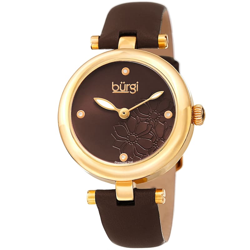Burgi Ladies Diamond Floral Barbell Brown Leather Strap Watch