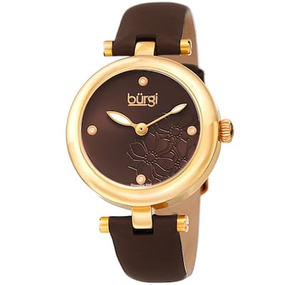Burgi Ladies Diamond Floral Barbell Brown Leather Strap Watch