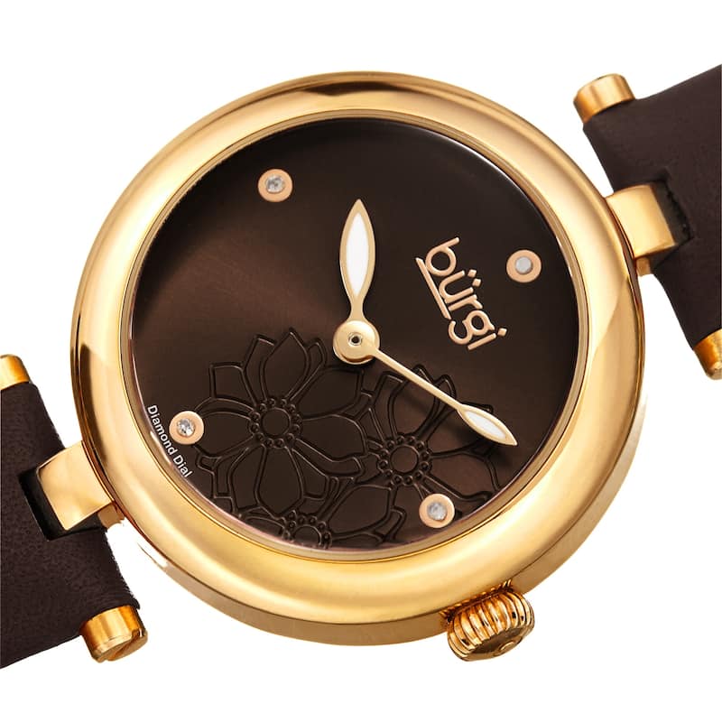Burgi Ladies Diamond Floral Barbell Brown Leather Strap Watch