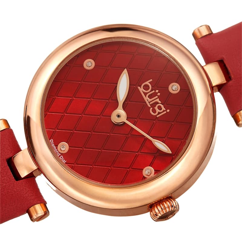 Burgi Ladies Diamond Patterned Barbell Red Leather Strap Watch