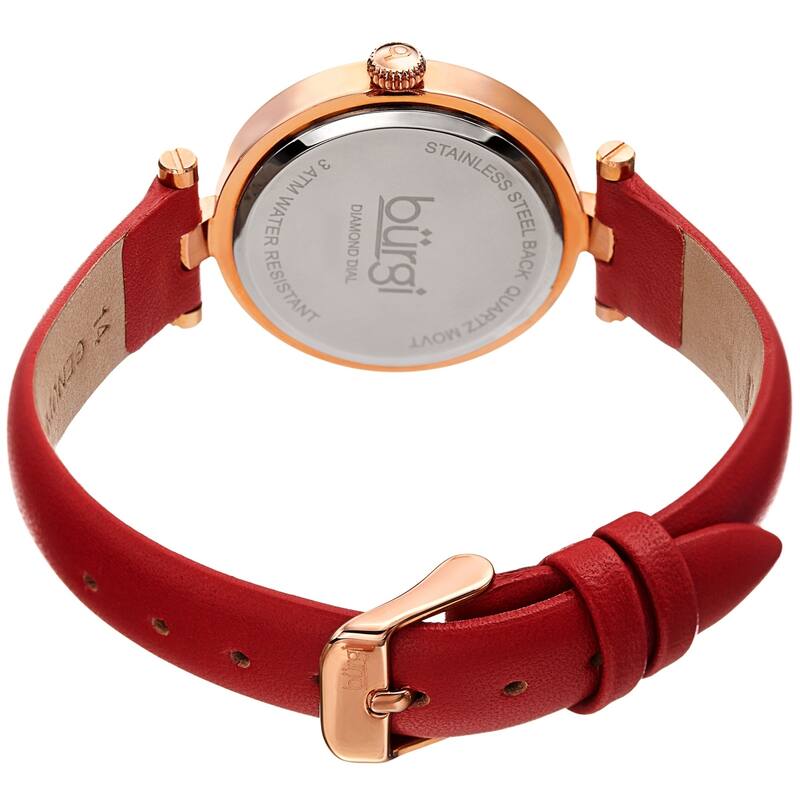 Burgi Ladies Diamond Patterned Barbell Red Leather Strap Watch