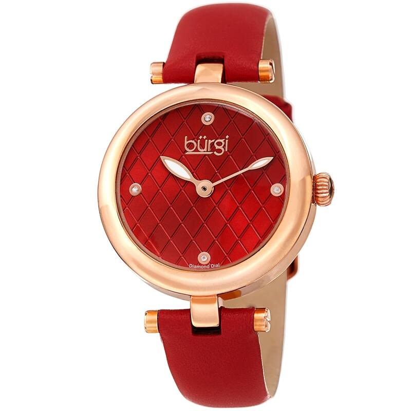 Burgi Ladies Diamond Patterned Barbell Red Leather Strap Watch