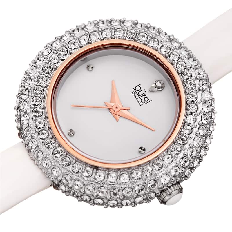 Burgi Ladies Diamond Swarovski Crystal Luxury White Leather Strap Watch