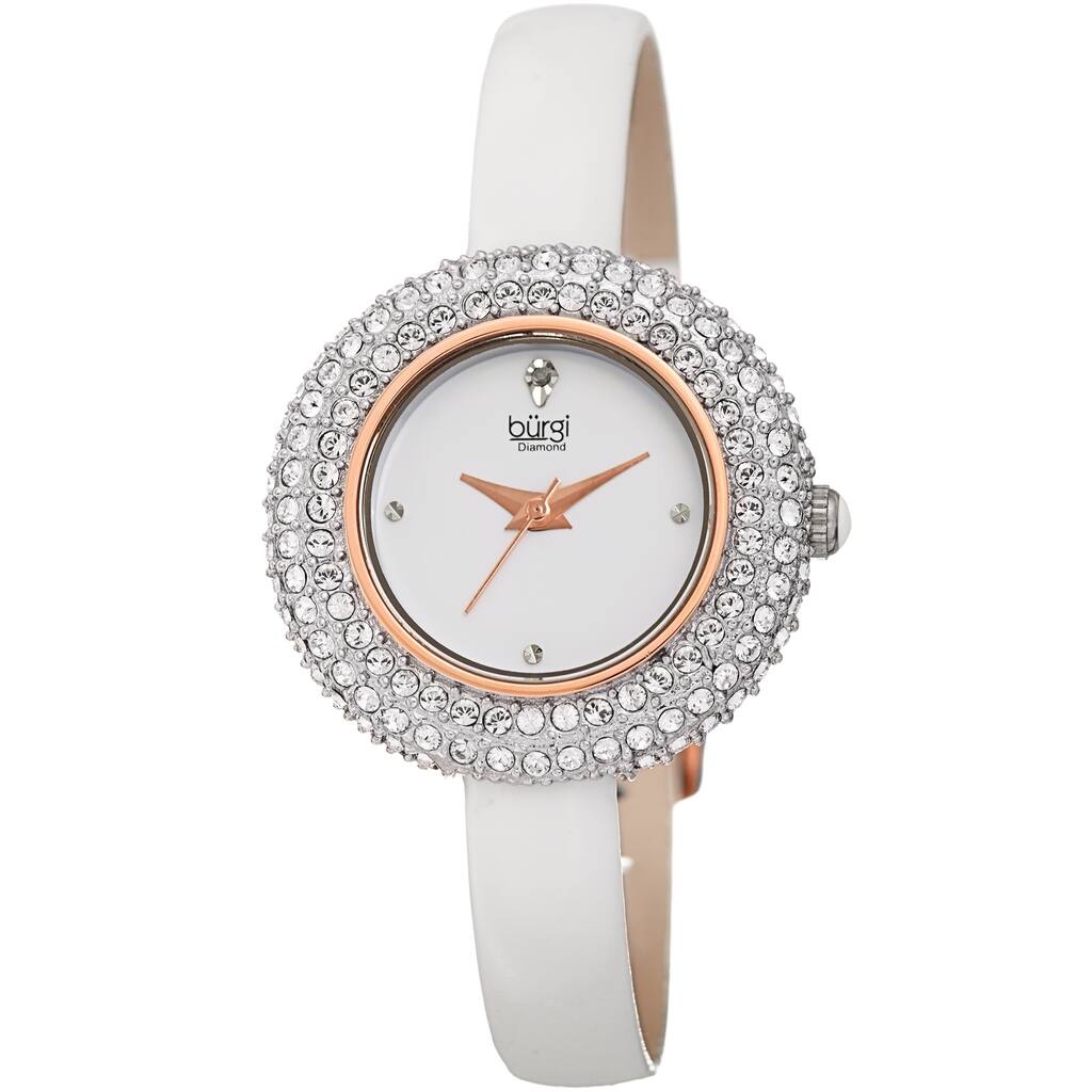 Burgi Ladies Diamond Swarovski Crystal Luxury White Leather Strap Watch