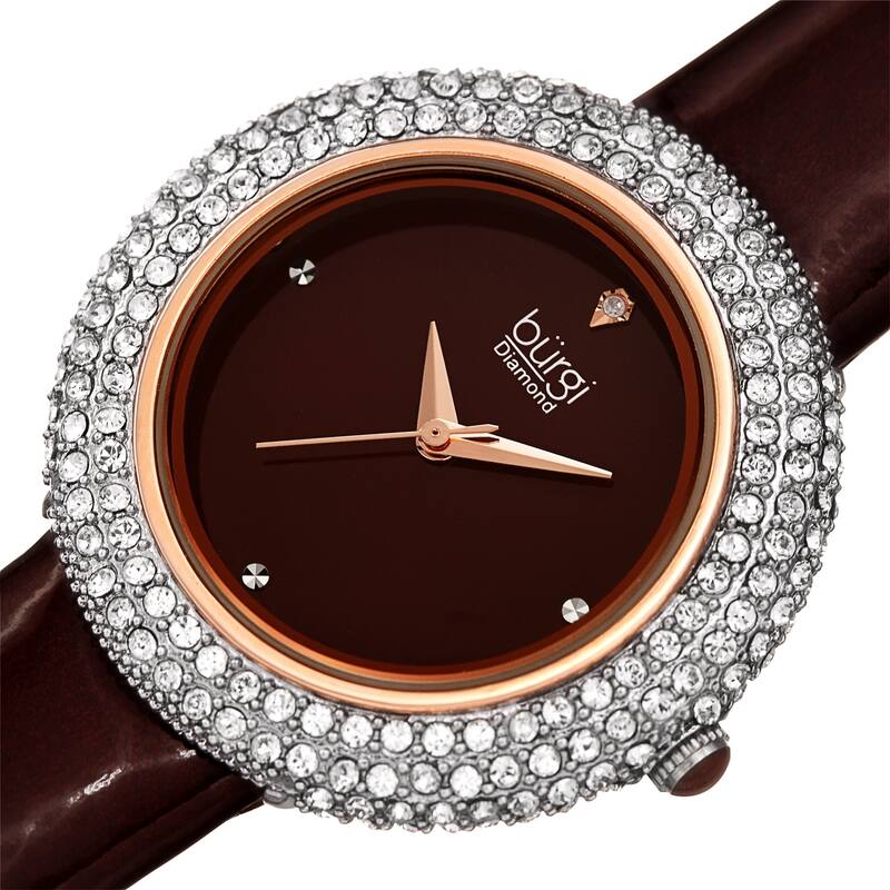 Burgi Ladies Diamond Swarovski Crystal Sparkling Brown Leather Strap Watch