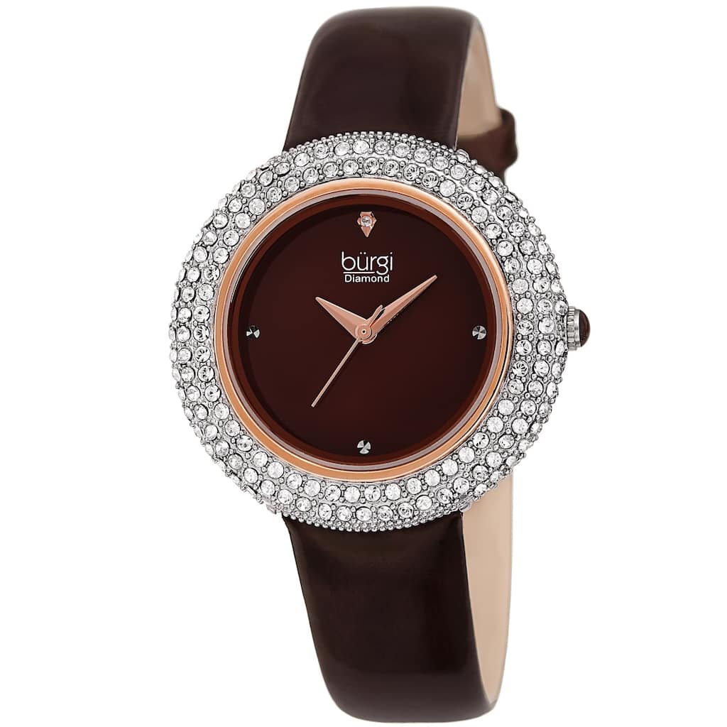 Burgi Ladies Diamond Swarovski Crystal Sparkling Brown Leather Strap Watch