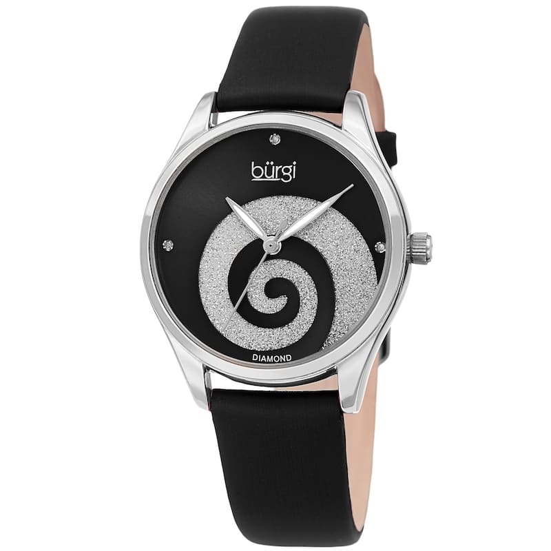 Burgi Ladies Diamond Swarovski Crystal Swirl Black Satin Strap Watch
