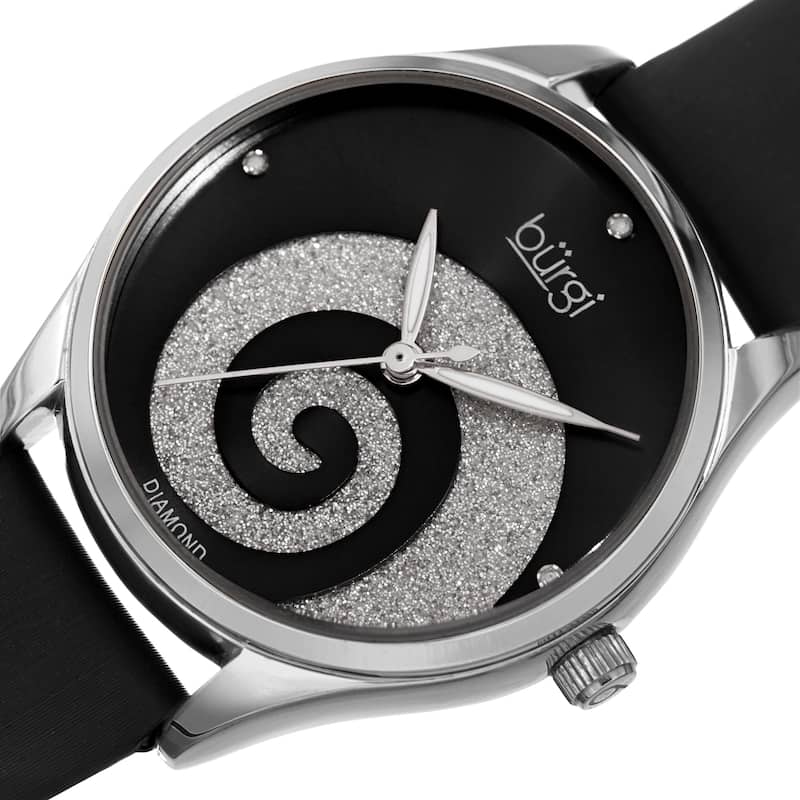 Burgi Ladies Diamond Swarovski Crystal Swirl Black Satin Strap Watch