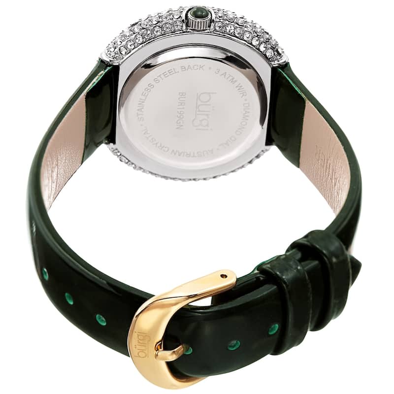Burgi Ladies Diamond Swarovski Crystal Sparkling Green Leather Strap Watch