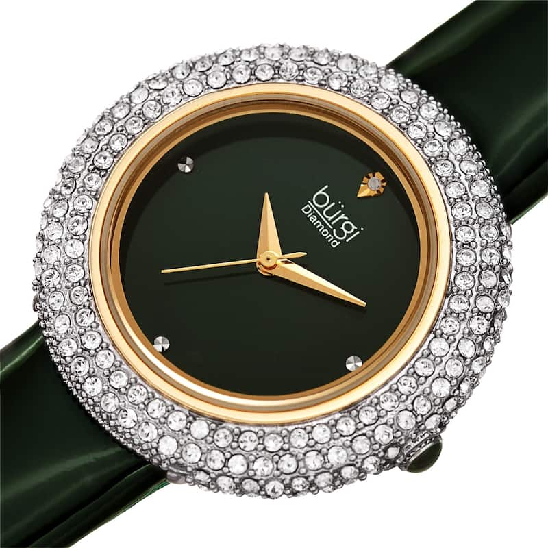 Burgi Ladies Diamond Swarovski Crystal Sparkling Green Leather Strap Watch