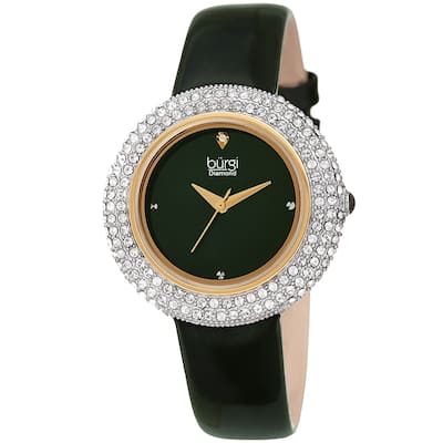 Burgi Ladies Diamond Swarovski Crystal Sparkling Green Leather Strap Watch