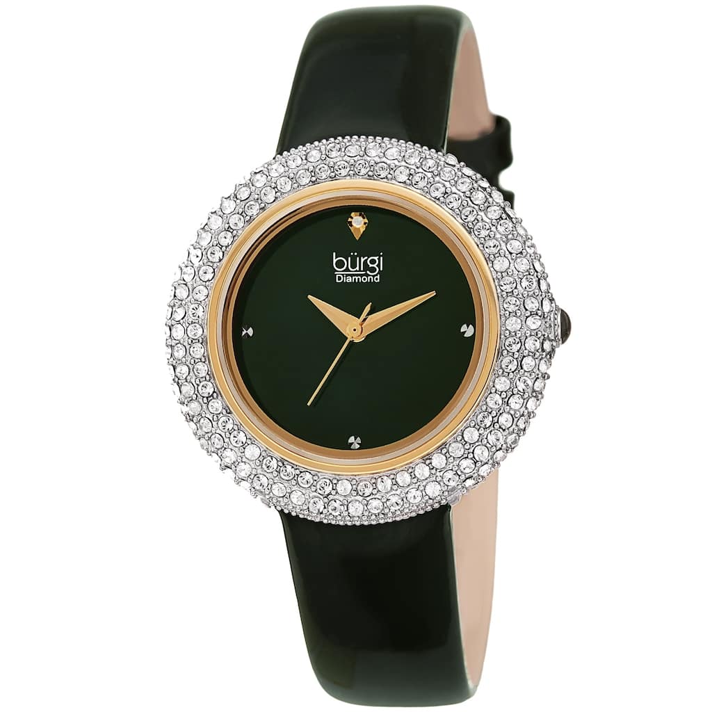 Burgi Ladies Diamond Swarovski Crystal Sparkling Green Leather Strap Watch