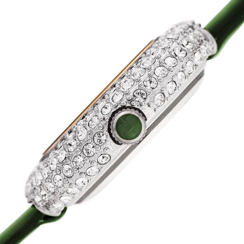 Burgi Ladies Diamond Swarovski Crystal Luxury Green Leather Strap Watch