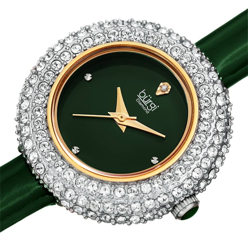 Burgi Ladies Diamond Swarovski Crystal Luxury Green Leather Strap Watch