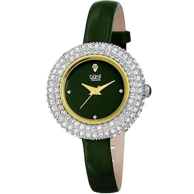 Burgi Ladies Diamond Swarovski Crystal Luxury Green Leather Strap Watch