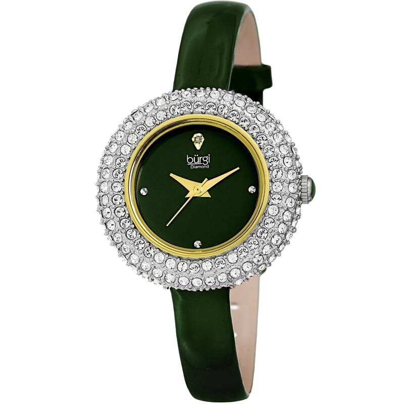Burgi Ladies Diamond Swarovski Crystal Luxury Green Leather Strap Watch