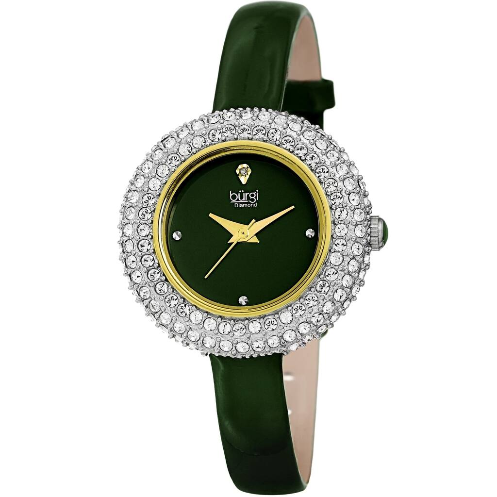 Burgi Ladies Diamond Swarovski Crystal Luxury Green Leather Strap Watch
