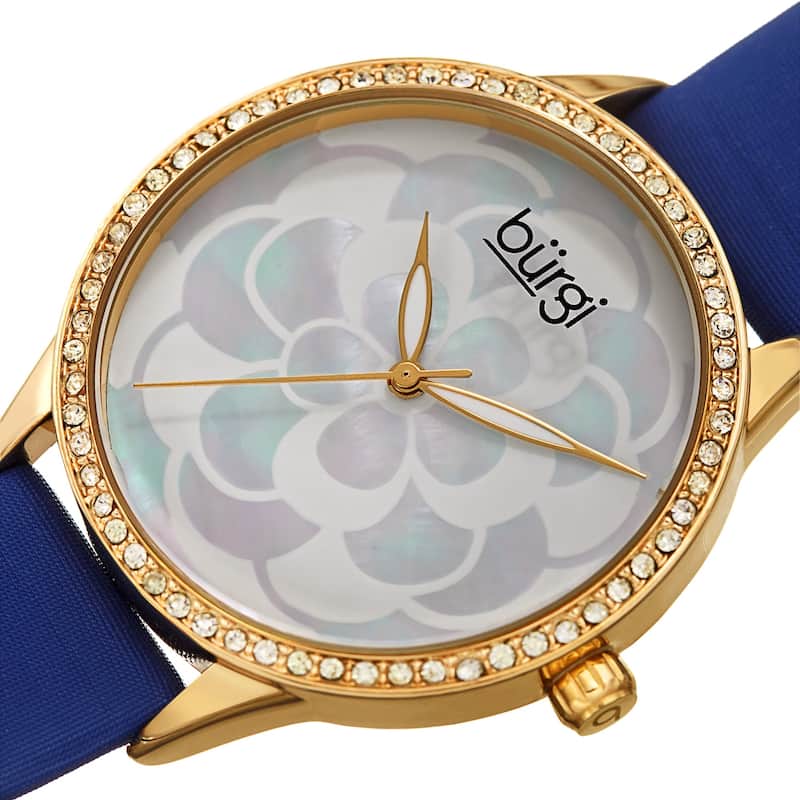 Burgi Ladies Swarovski Crystal Mother of Pearl Floral Blue Leather Strap Watch