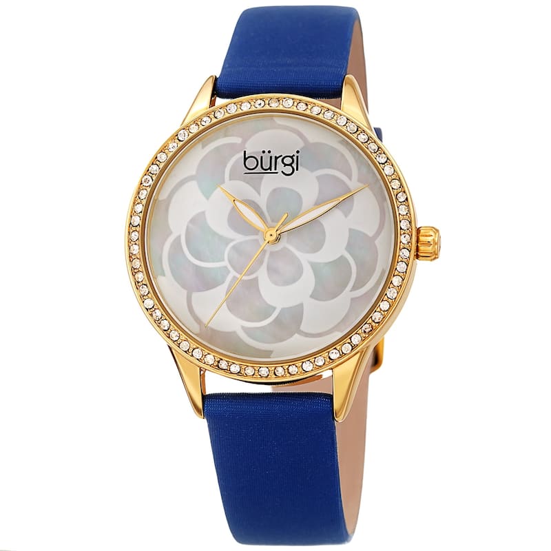 Burgi Ladies Swarovski Crystal Mother of Pearl Floral Blue Leather Strap Watch
