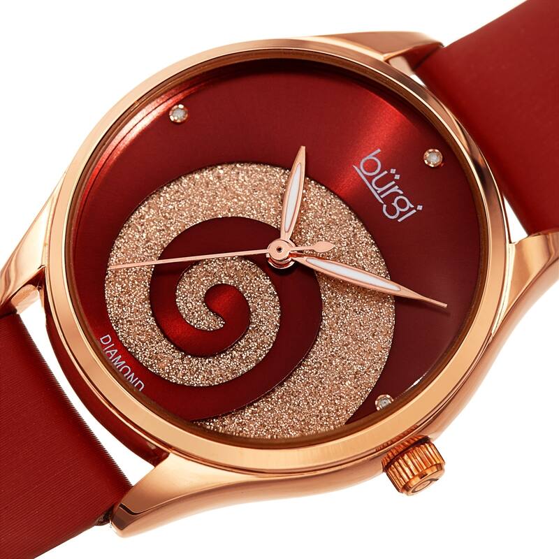 Burgi Ladies Diamond Swarovski Crystal Swirl Red Satin Strap Watch