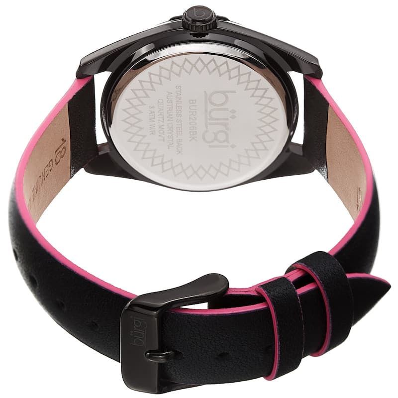Burgi Ladies Swarovski Crystal Sunray Dial Black Leather Strap Watch