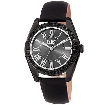 Burgi Ladies Swarovski Crystal Sunray Dial Black Leather Strap Watch