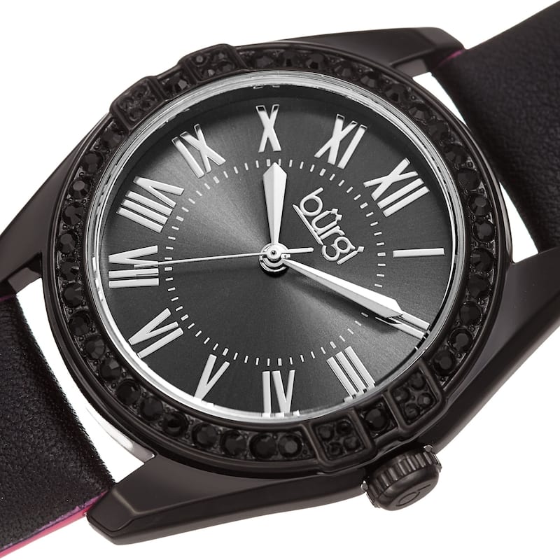 Burgi Ladies Swarovski Crystal Sunray Dial Black Leather Strap Watch