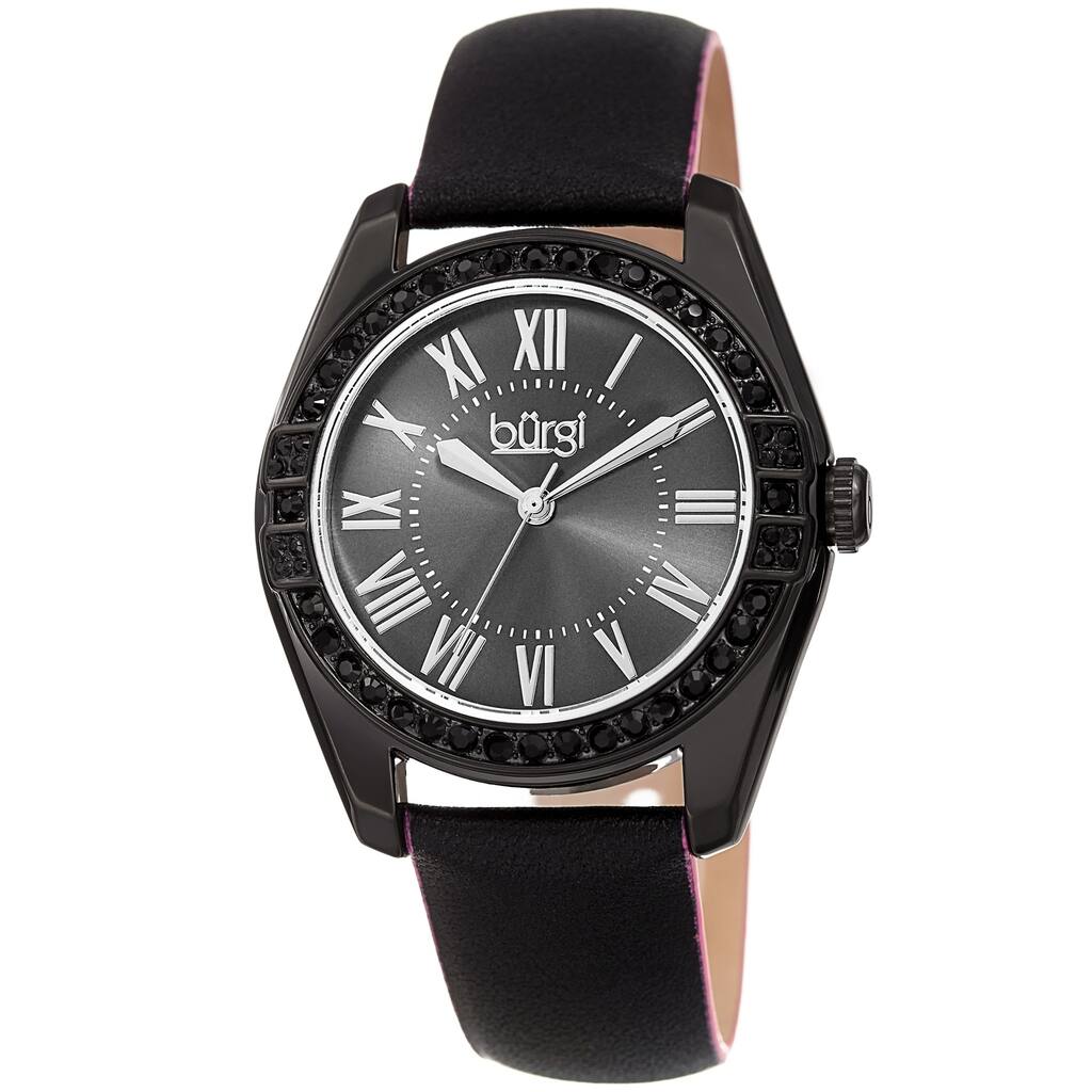 Burgi Ladies Swarovski Crystal Sunray Dial Black Leather Strap Watch