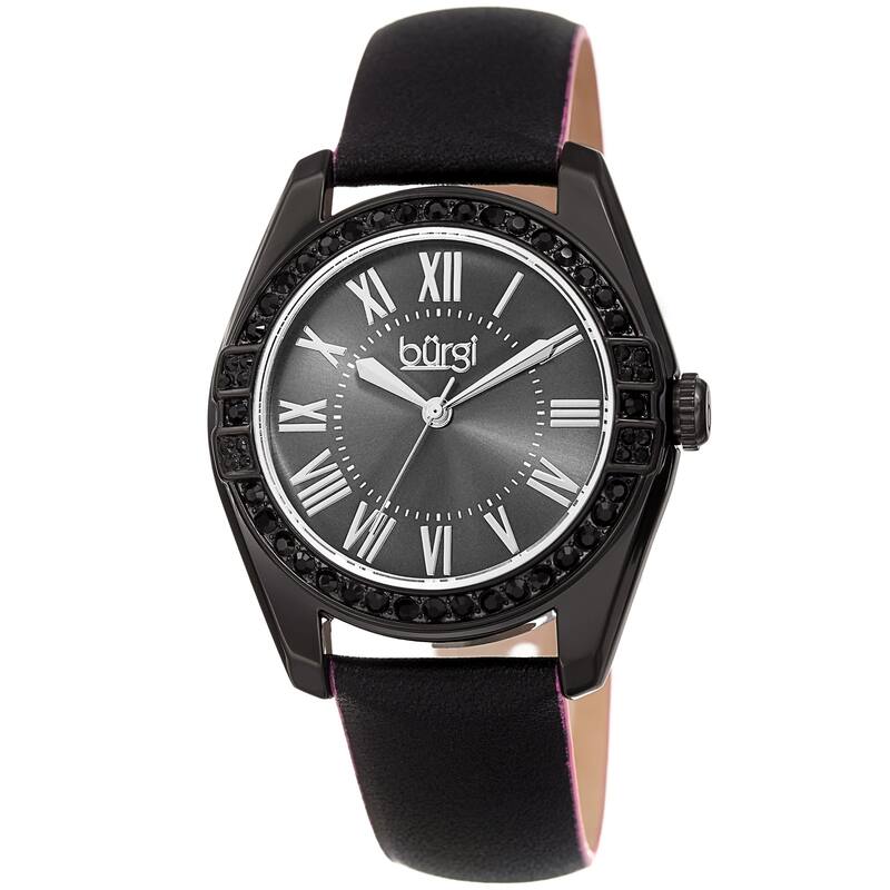 Burgi Ladies Swarovski Crystal Sunray Dial Black Leather Strap Watch