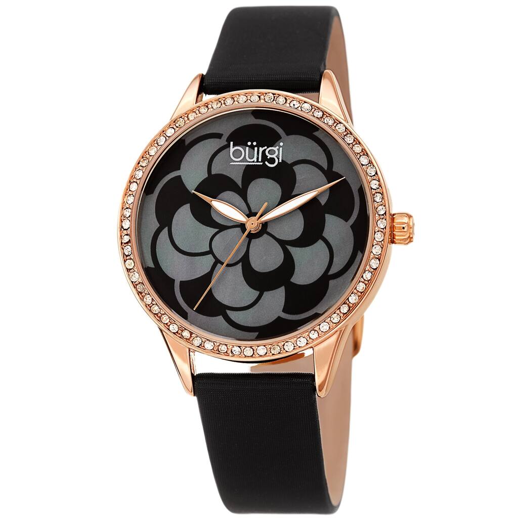 Burgi Ladies Swarovski Crystal Mother of Pearl Floral Black Leather Strap Watch