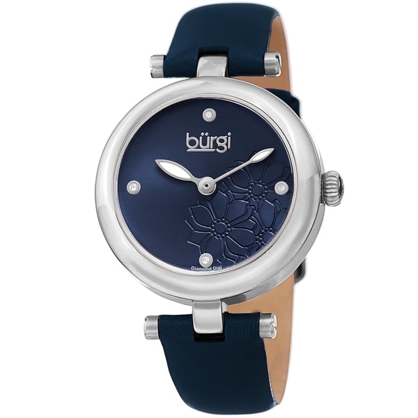 Burgi Ladies Diamond Floral Barbell Blue Leather Strap Watch. Opens flyout.