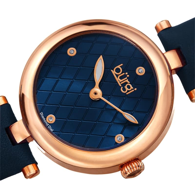 Burgi Ladies Diamond Patterned Barbell Blue Leather Strap Watch