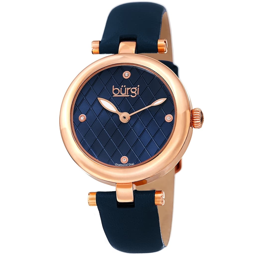 Burgi Ladies Diamond Patterned Barbell Blue Leather Strap Watch