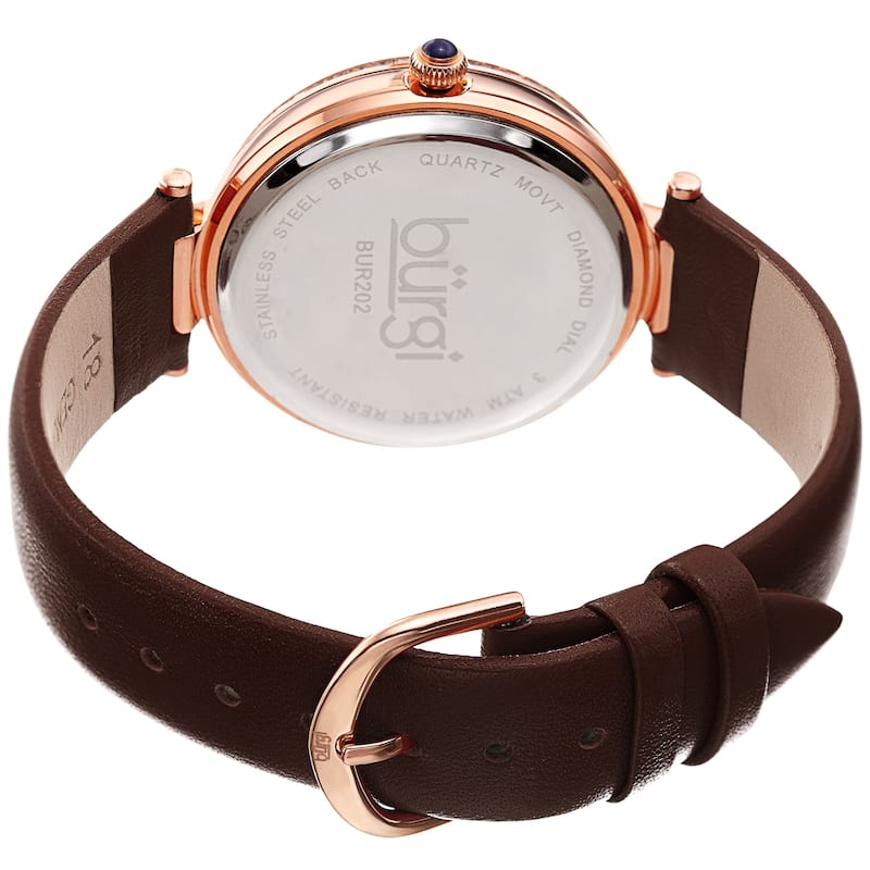 Burgi Ladies Diamond Baguette Crystal Whirlwind Dial Brown Leather Strap Watch