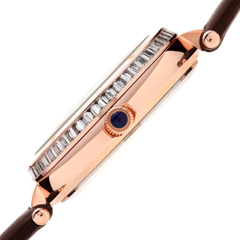 Burgi Ladies Diamond Baguette Crystal Whirlwind Dial Brown Leather Strap Watch