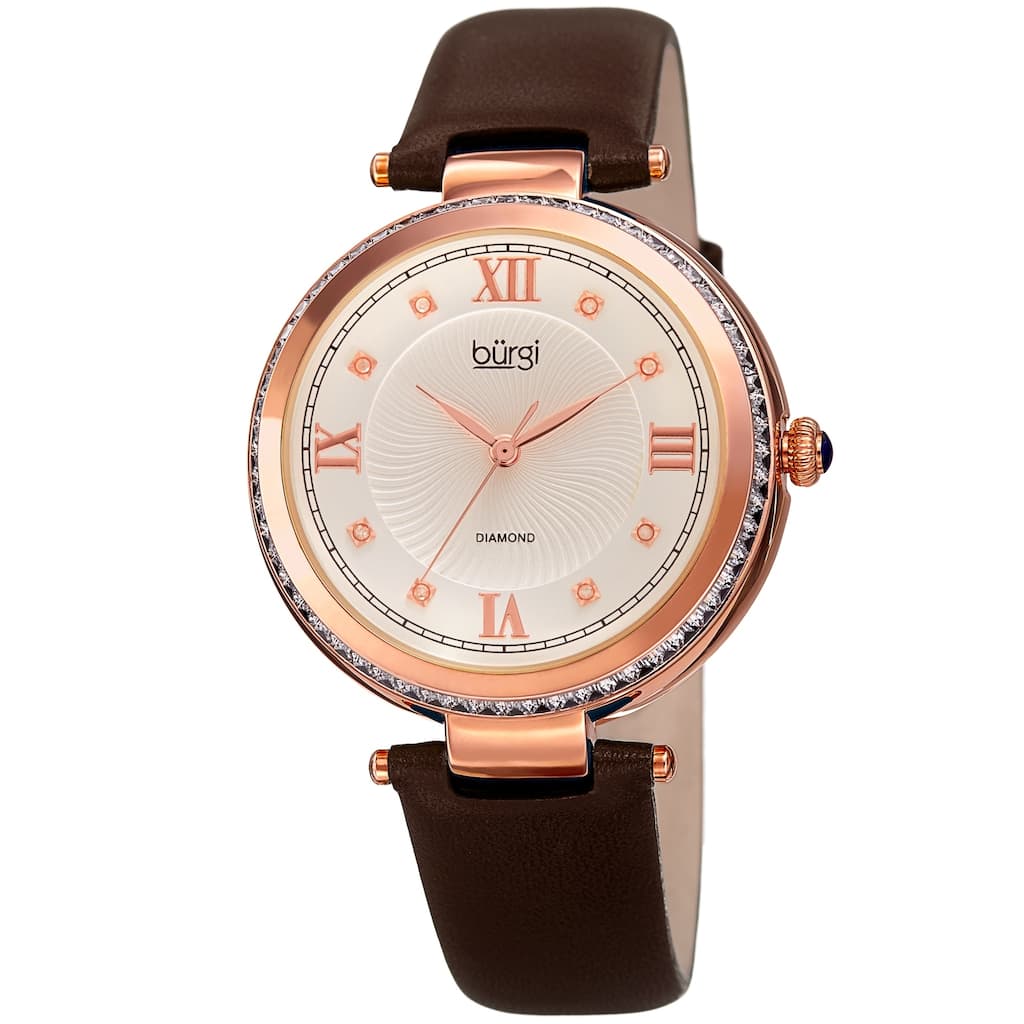Burgi Ladies Diamond Baguette Crystal Whirlwind Dial Brown Leather Strap Watch