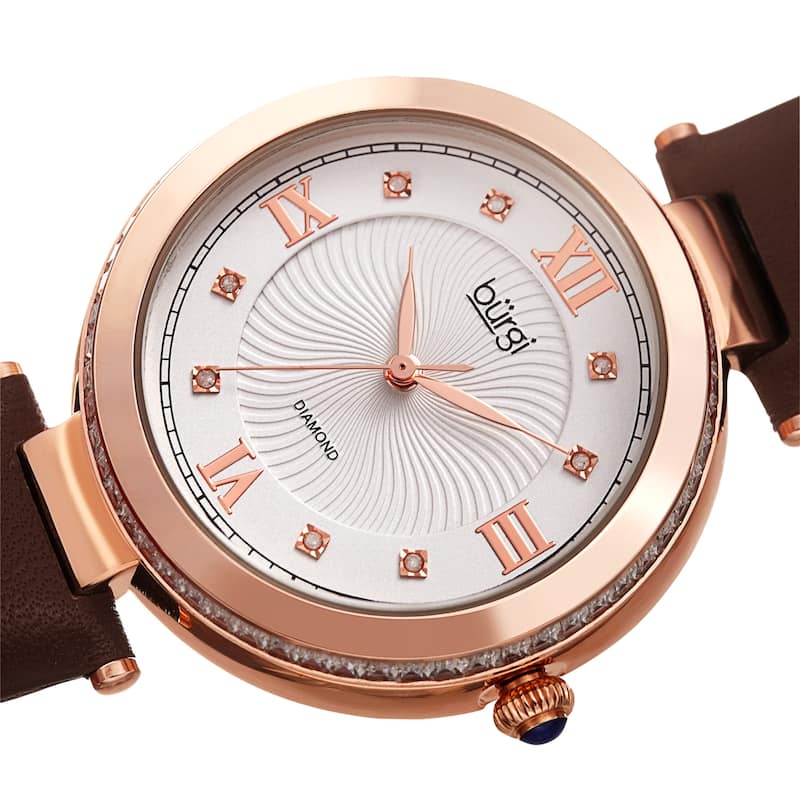 Burgi Ladies Diamond Baguette Crystal Whirlwind Dial Brown Leather Strap Watch