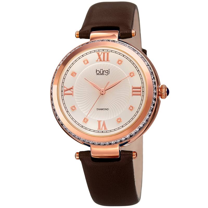 Burgi Ladies Diamond Baguette Crystal Whirlwind Dial Brown Leather Strap Watch