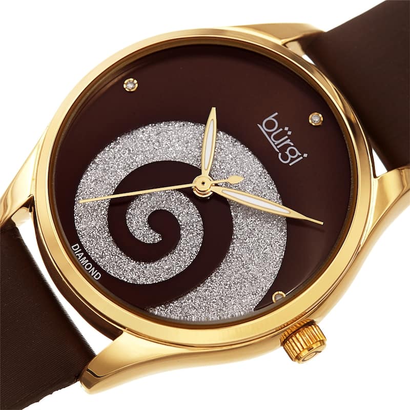 Burgi Ladies Diamond Swarovski Crystal Swirl Brown Satin Strap Watch