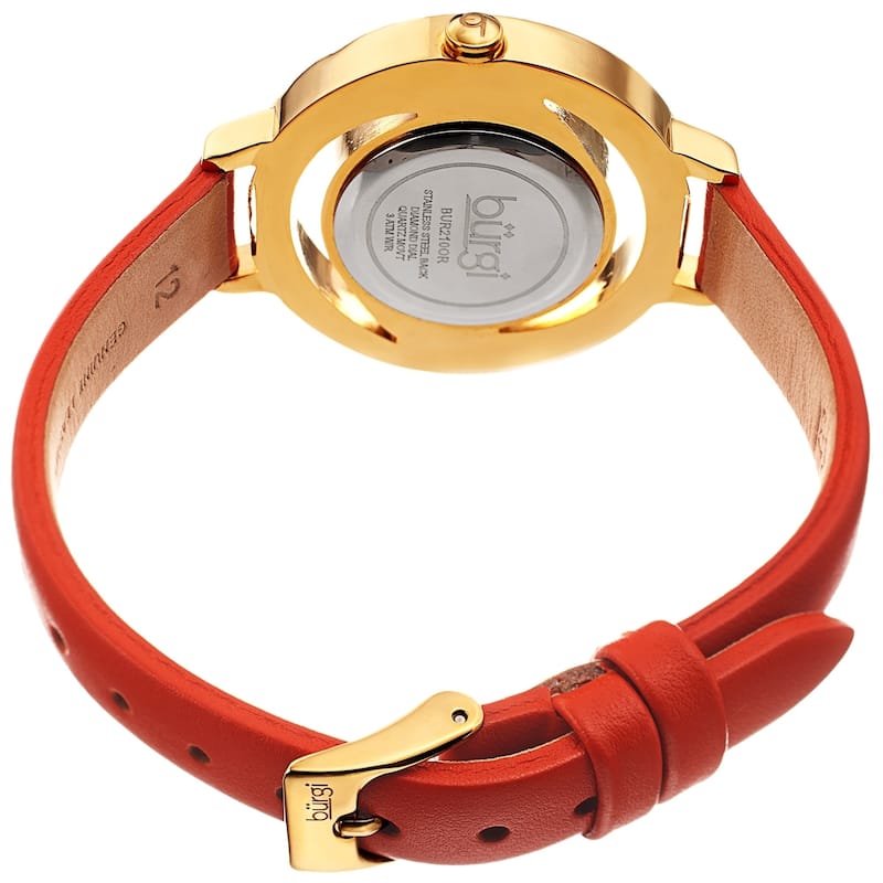 Burgi Ladies Floating Diamond Dial Orange Thin Leather Strap Watch