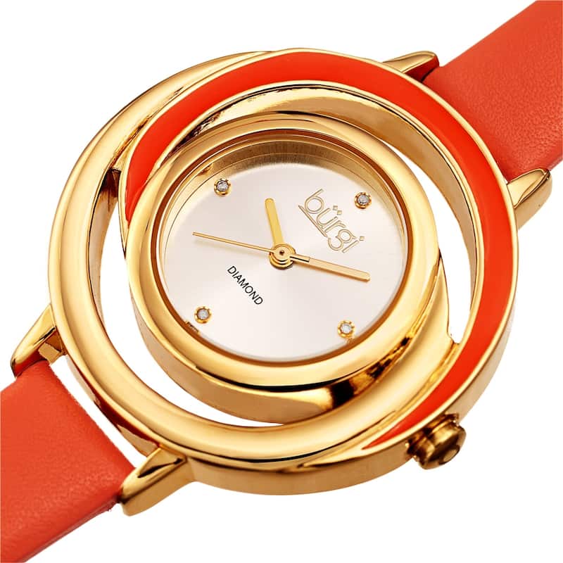 Burgi Ladies Floating Diamond Dial Orange Thin Leather Strap Watch