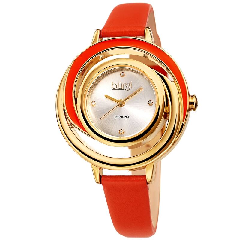 Burgi Ladies Floating Diamond Dial Orange Thin Leather Strap Watch